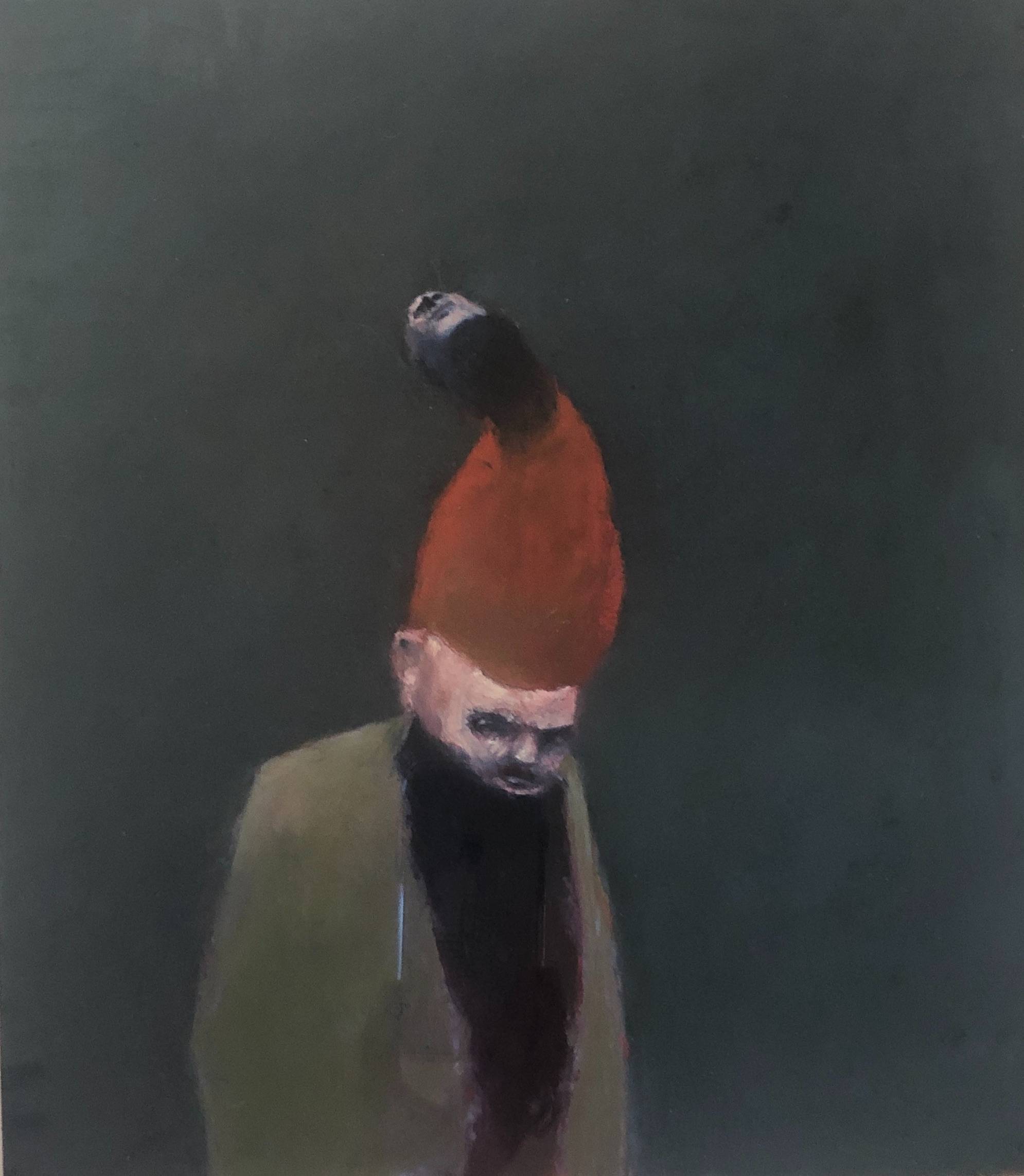 pastel drawing of bearded, hunched man with another head emerging from his head